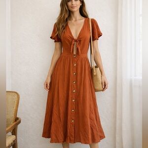 Mimi Chica Rust Boho Midi Dress – Button Front Tie Detail – NWT Size Small